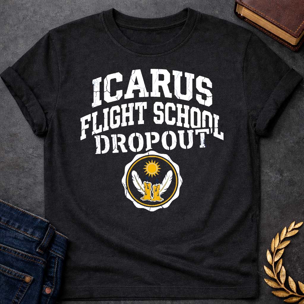 Blackin distressed collegiate style: bold white arched text with a cracked, weathered texture above a circular emblem featuring two melting wax candles with wings and a blazing sun, gold and navy on a white badge.