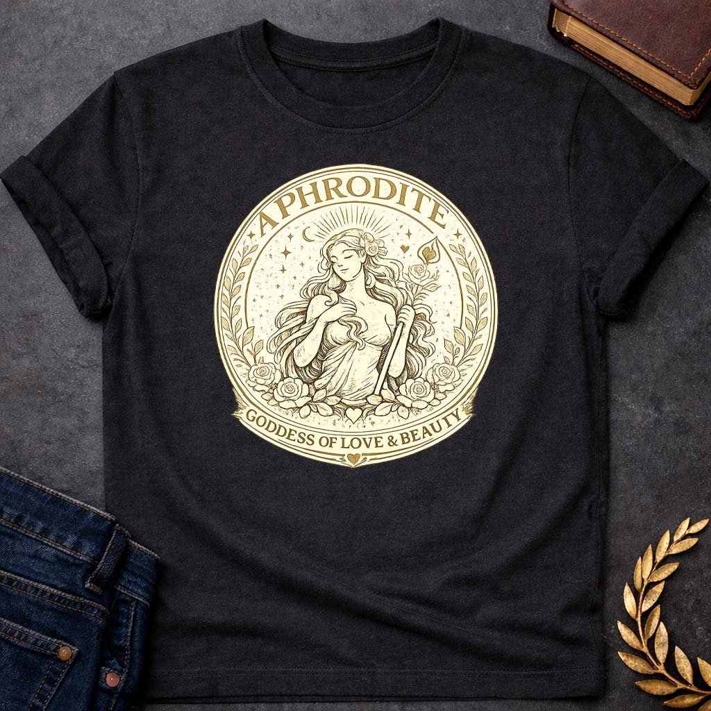 aphrodite goddess of love beauty greek mythology youth heavy cotton™ tee featuring detailed Greek mythology artwork, symbolic design, and bold graphic style