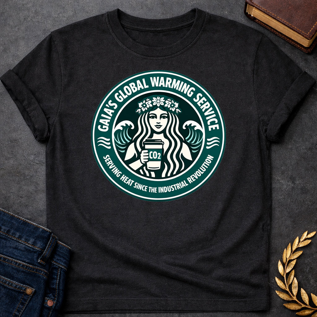 gaia global warming service greek mythology adult shirt featuring detailed Greek mythology artwork, symbolic design, and bold graphic style