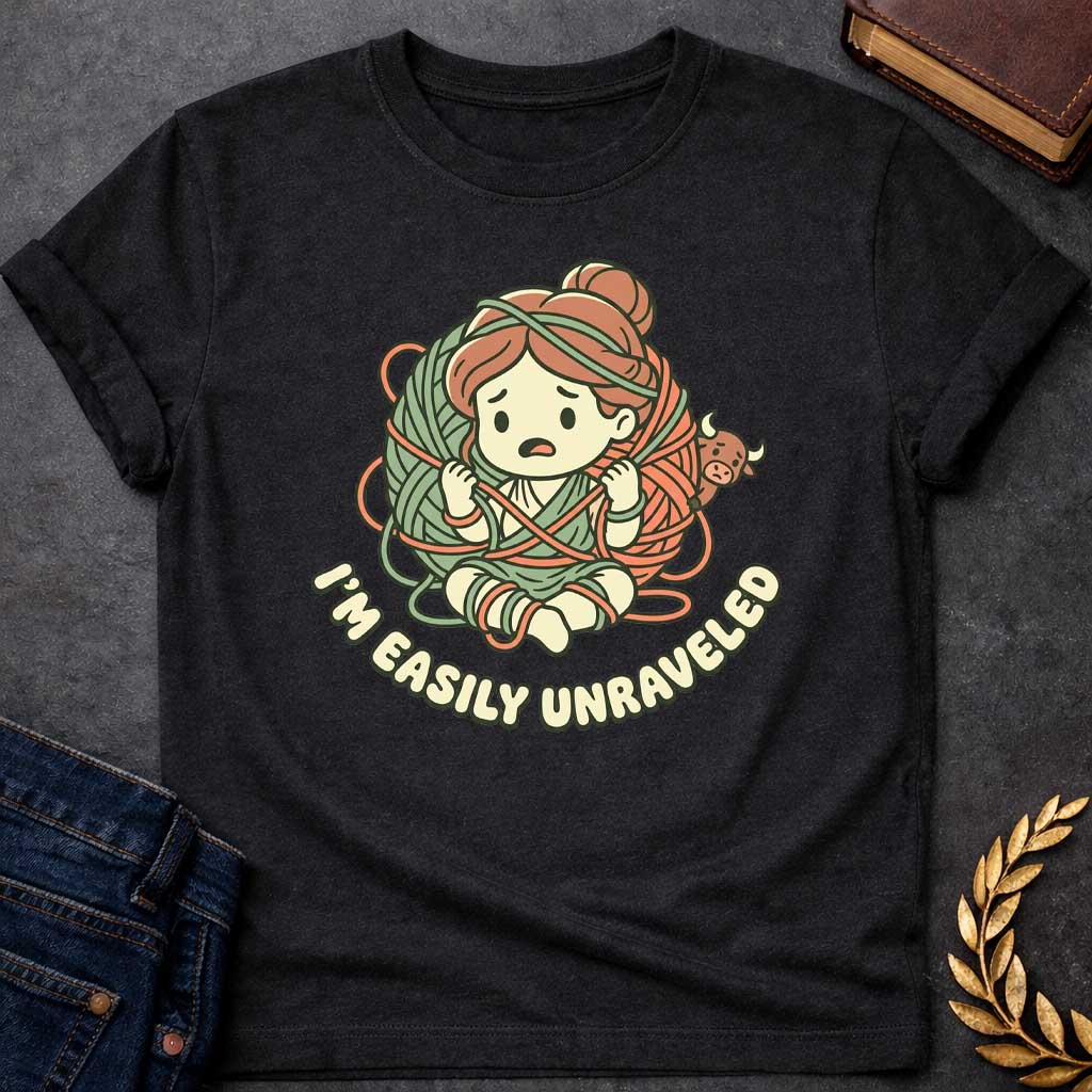 Black T-shirt with A cute chibi-style t-shirt graphic. A worried cartoon Ariadne sits tangled inside a giant ball of green and orange yarn, while a tiny, peekaboo Minotaur looks on from behind. Below the illustration, the punny tagline "I'M EASILY UNRAVELED" arcs gracefully in a bubbly, retro font. The design features a charming pastel color palette of muted sage green, terracotta orange, and cream.