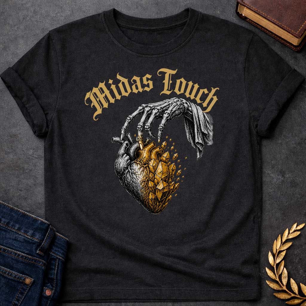 Black t-shirt with A Vintage engraving-style Greek mythology design featuring a skeletal hand with the Midas touch transforming half of an anatomical heart into shimmering gold crystals. Above the illustration, gothic lettering reads "Midas Touch." Inspired by the tragic King Midas myth, the design symbolizes how greed and the pursuit of wealth can harden the heart, using bold black and metallic gold artwork.