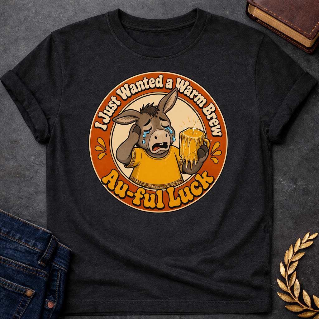 Black t-shirt with A Funny Greek mythology design featuring a crying cartoon donkey wearing a gold ancient Greek tunic and holding a dripping gold beer mug. Circular vintage badge layout with the humorous text, "I Just Wanted a Warm Brew" at the top and "Au-ful Luck" at the bottom, referencing the myth of King Midas. Retro orange, gold, cream, and brown color palette with bold, distressed vintage styling.