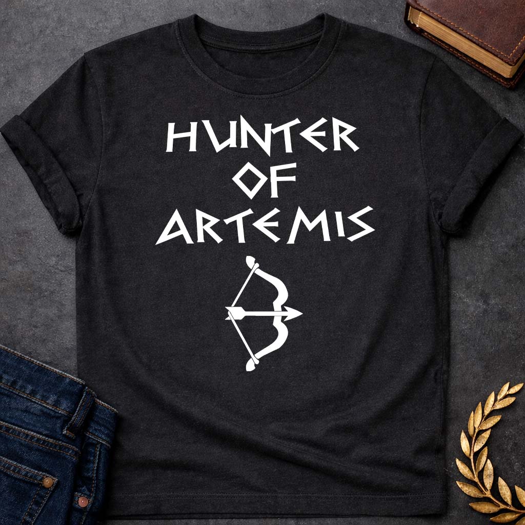 hunter of artemis unisex softstyle adult t shirt featuring detailed Greek mythology artwork, symbolic design, and bold graphic style
