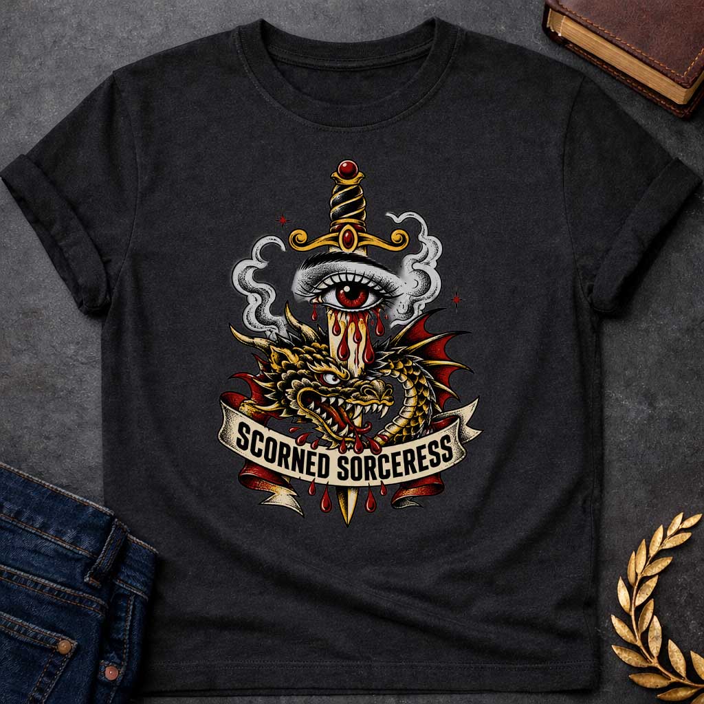 Black T-shirt featuring traditional tattoo-style artwork: a gold-hilted dagger with black-and-gold wrapped handle and ruby pommel pierces through a weeping red-irised eye, blood streaming down the blade. A gold and red dragon coils around the dagger, fangs bared, with grey smoke curling behind. A cream ribbon banner below reads "Scorned Sorceress" in bold black lettering, dripping blood, on a white background.