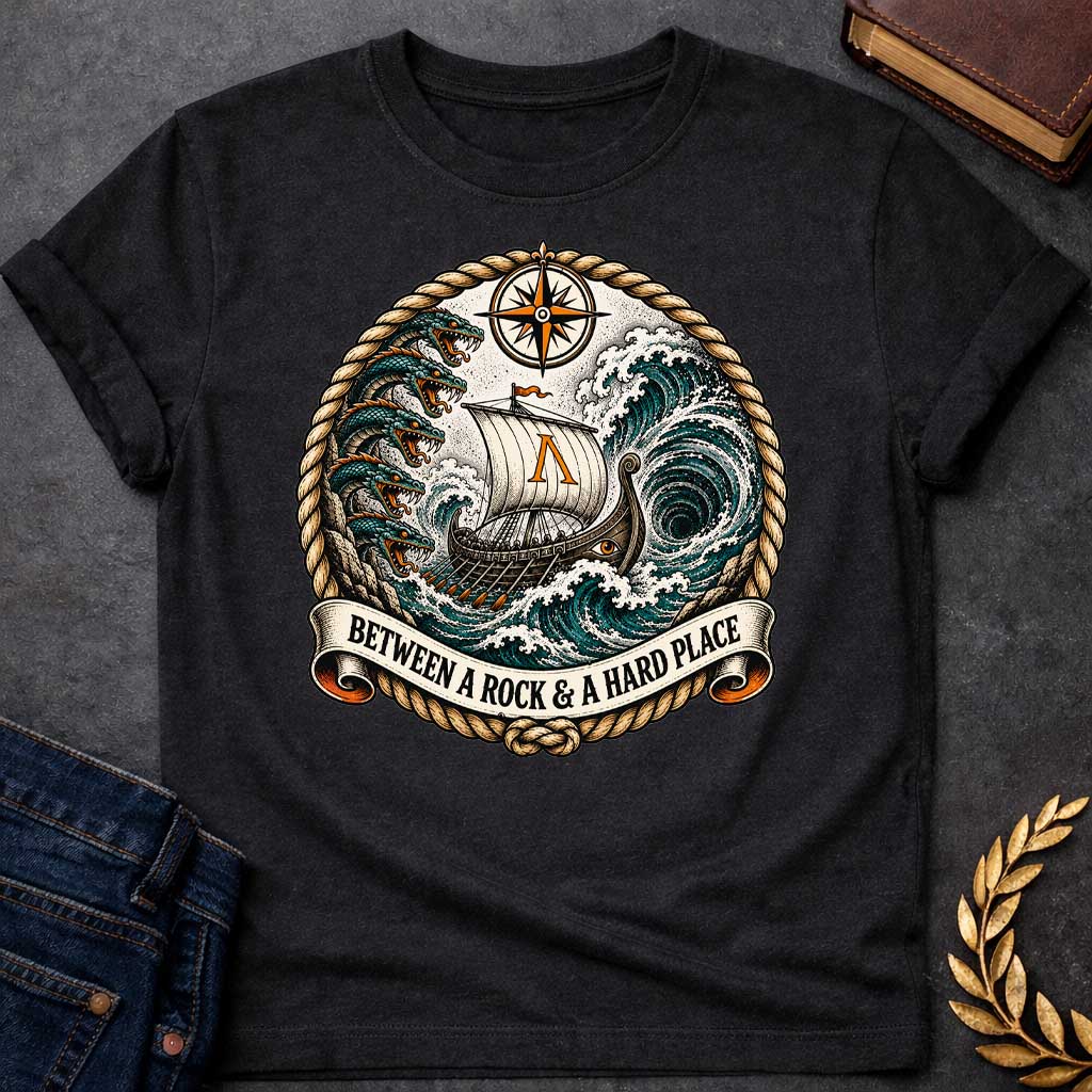 Black t-shirt in nautical tattoo style, referencing Scylla and Charybdis: a Greek ship with an eye-painted hull and Lambda-marked sail sails between six-headed serpent Scylla and a swirling whirlpool. A compass rose sits above, with the design bordered by twisted rope and a ribbon banner reading the title below.