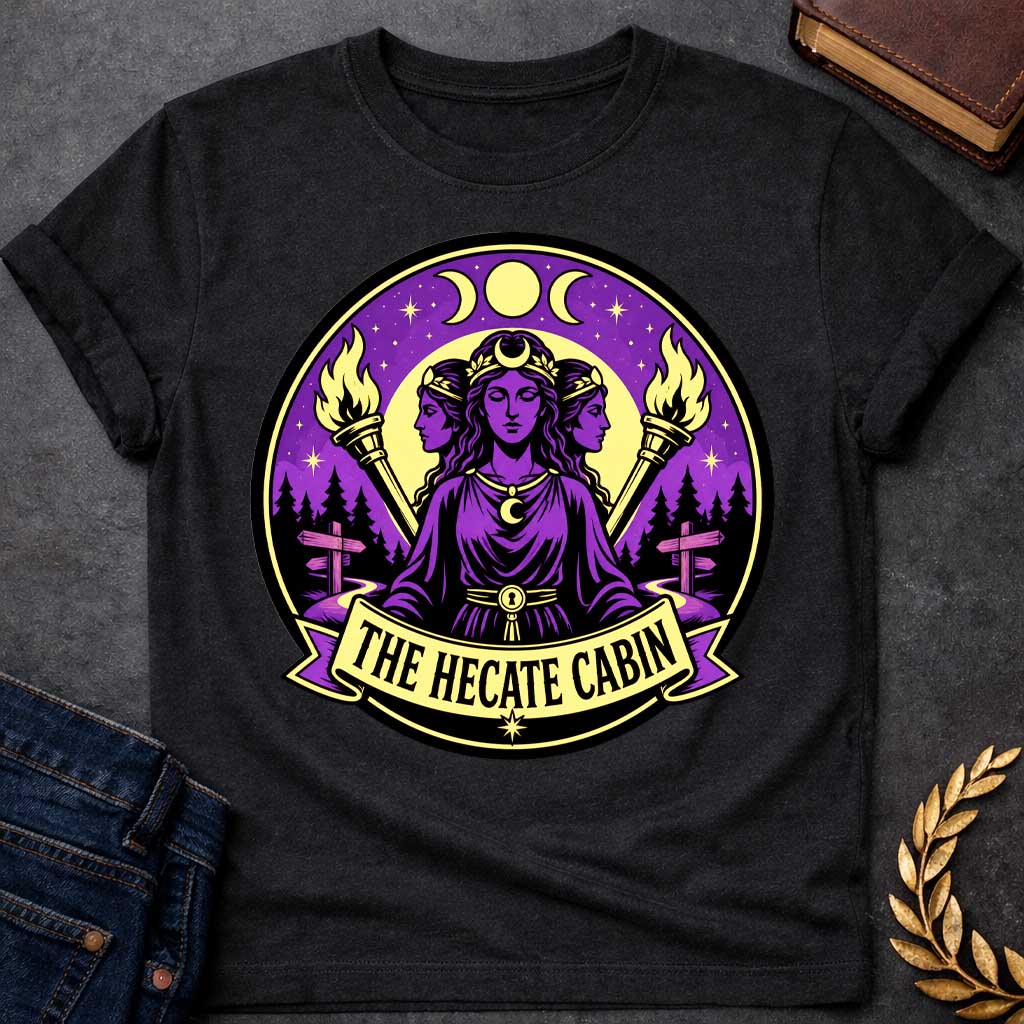 Black t-shirt with a Hecate Greek mythology design featuring the triple goddess with three faces, crescent moon symbols, glowing torches, stars, and a mystical purple night sky. Forest silhouettes and crossroads signs represent Hecate’s connection to magic and crossroads, framed in a circular camp-style emblem with the text “The Hecate Cabin.”