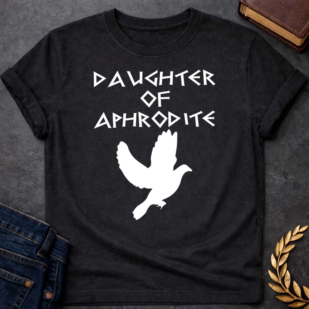 daughter of aphrodite unisex softstyle adult t shirt featuring detailed Greek mythology artwork, symbolic design, and bold graphic style