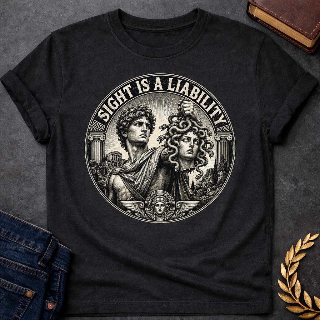 Black t-shirt in etched engraving style: Perseus, curly-haired and draped in robes, holds Medusa's severed snake-haired head aloft against radiating sunburst rays. Ionic columns, ancient temples, and a small Medusa medallion with wings frame the circular black-and-cream design. Bold arched text reads the title above.