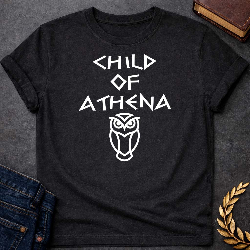 child of athena greek mythology unisex softstyle adult t shirt featuring owl, laurel wreath, wisdom symbolism in vintage Greek mythology design