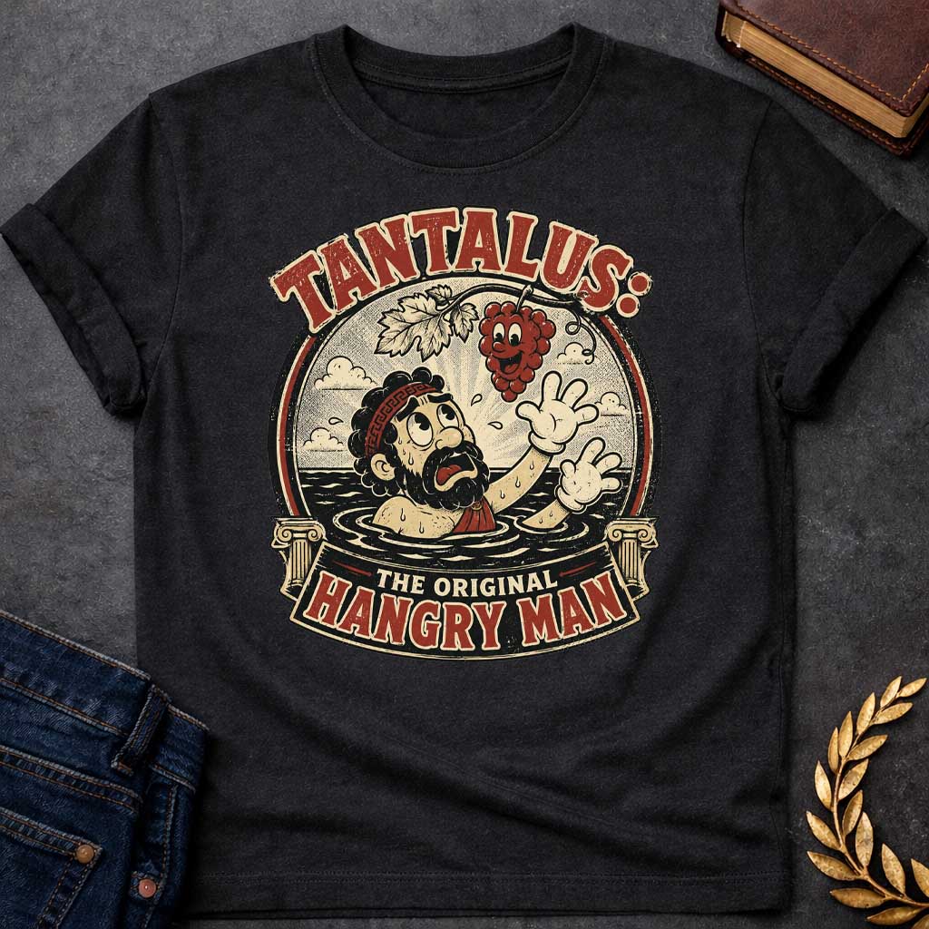 Black t-shirt with A vintage 1930s rubber-hose cartoon-style graphic. Inside a circular badge flanked by Greek columns, a distressed Tantalus stands in water reaching desperately toward a smiling cartoon grape cluster dangling above him. Arched text across the top reads "TANTALUS:" while a bottom banner features "THE ORIGINAL HANGRY MAN" in a distressed red and cream color palette.