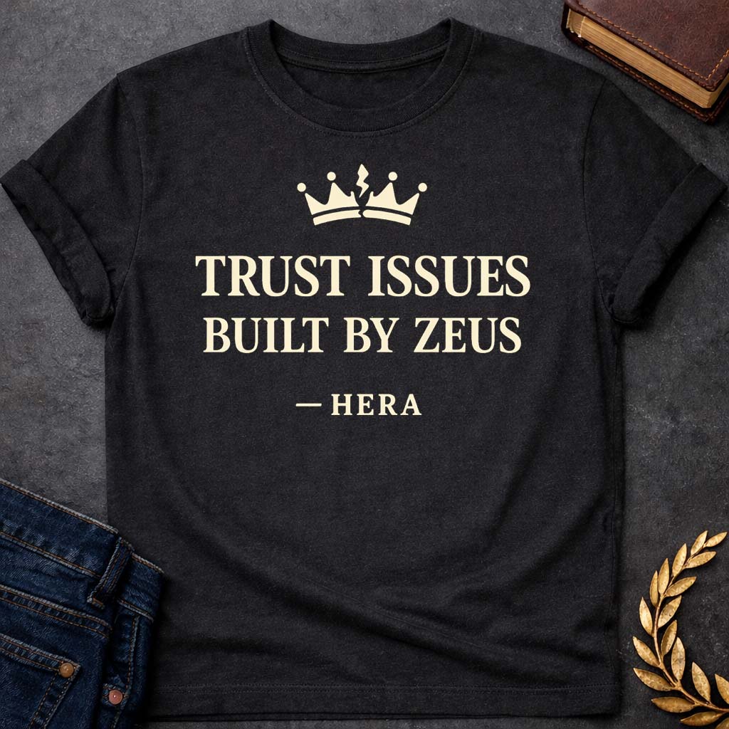 hera trust issues built by zeus greek mythology youth t shirt featuring lightning bolt, sky god power symbolism in bold Greek mythology design
