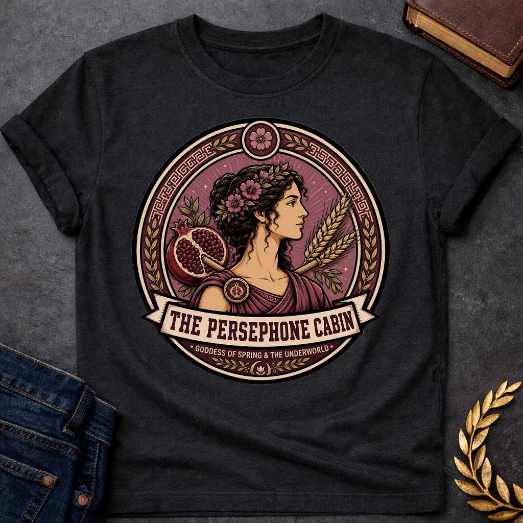 Black t-shirt with a Persephone Greek mythology cabin design featuring the goddess of spring and the Underworld wearing a floral crown and purple robes, surrounded by blooming flowers, a split pomegranate, wheat stalks, laurel leaves, and Greek key patterns. Burgundy and cream circular emblem includes the text “The Persephone Cabin” and “Goddess of Spring & the Underworld,”