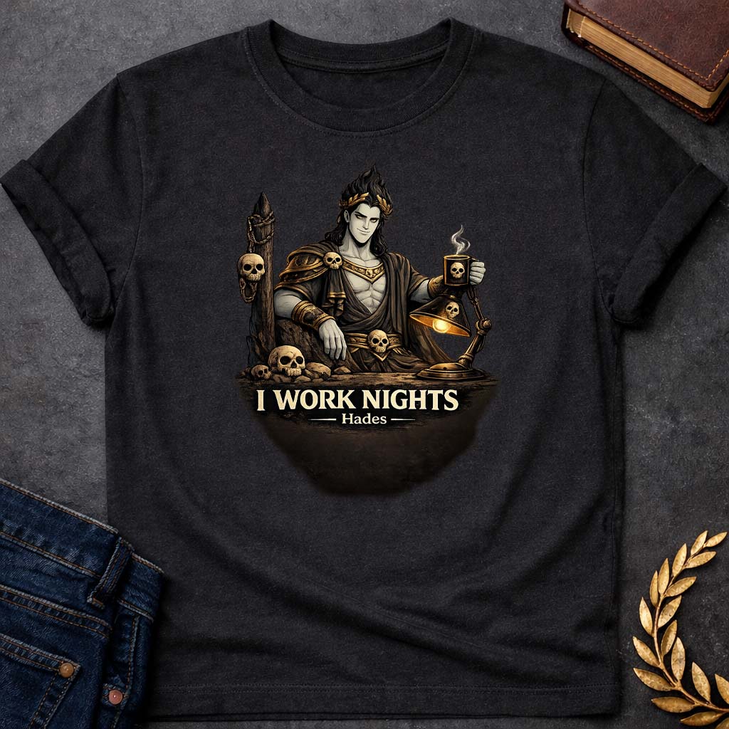 hades i work nights greek mythology adult t shirt featuring underworld king, skull motifs, dark Greek mythology design