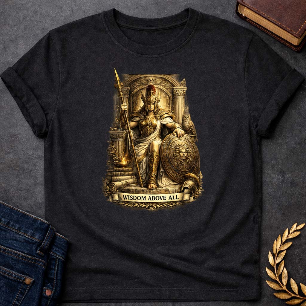 athena wisdom above all greek mythology kids heavy cotton™ tee featuring owl, laurel wreath, wisdom symbolism in vintage Greek mythology design