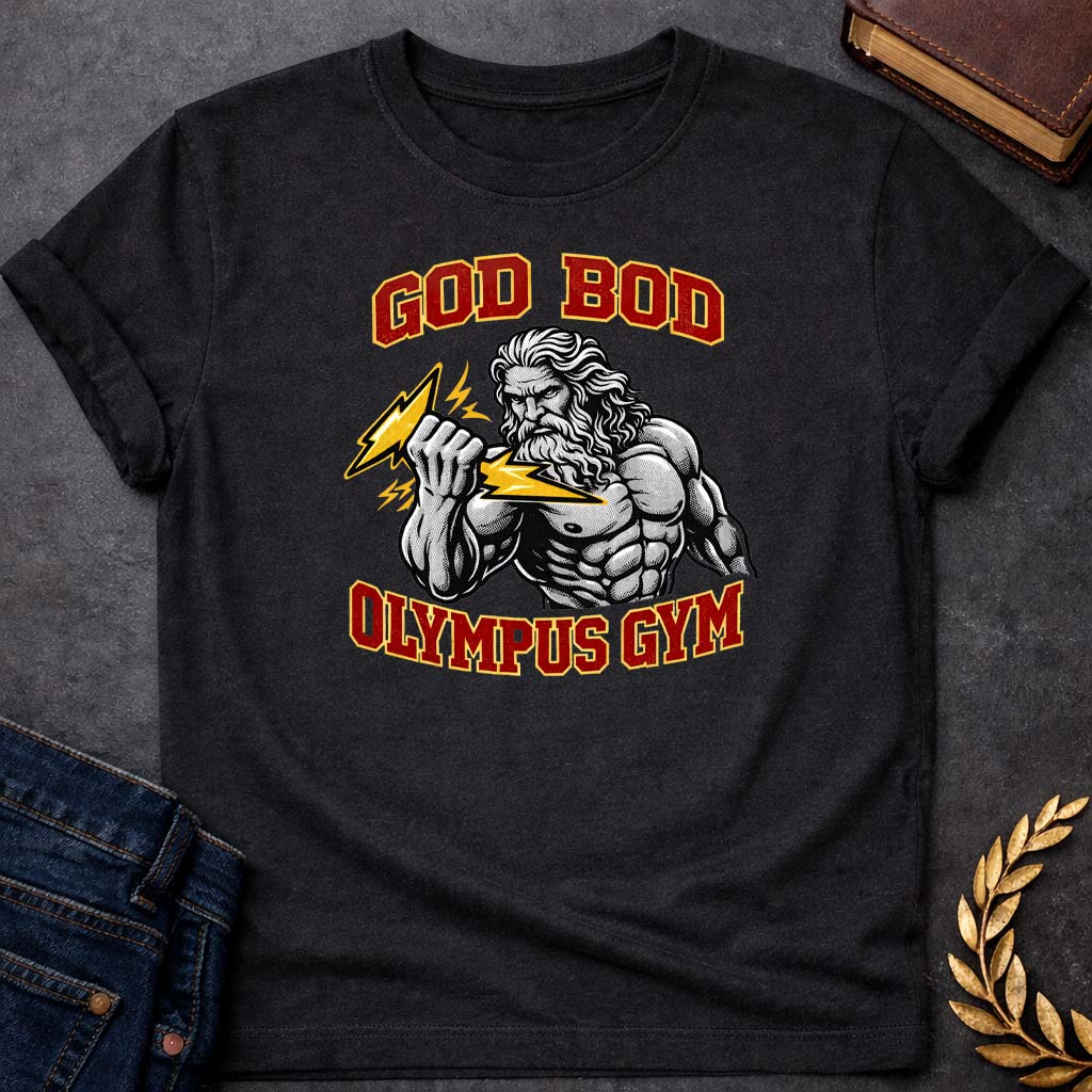zeus god bod olympus gym greek mythology youth t shirt featuring lightning bolt, sky god power symbolism in bold Greek mythology design