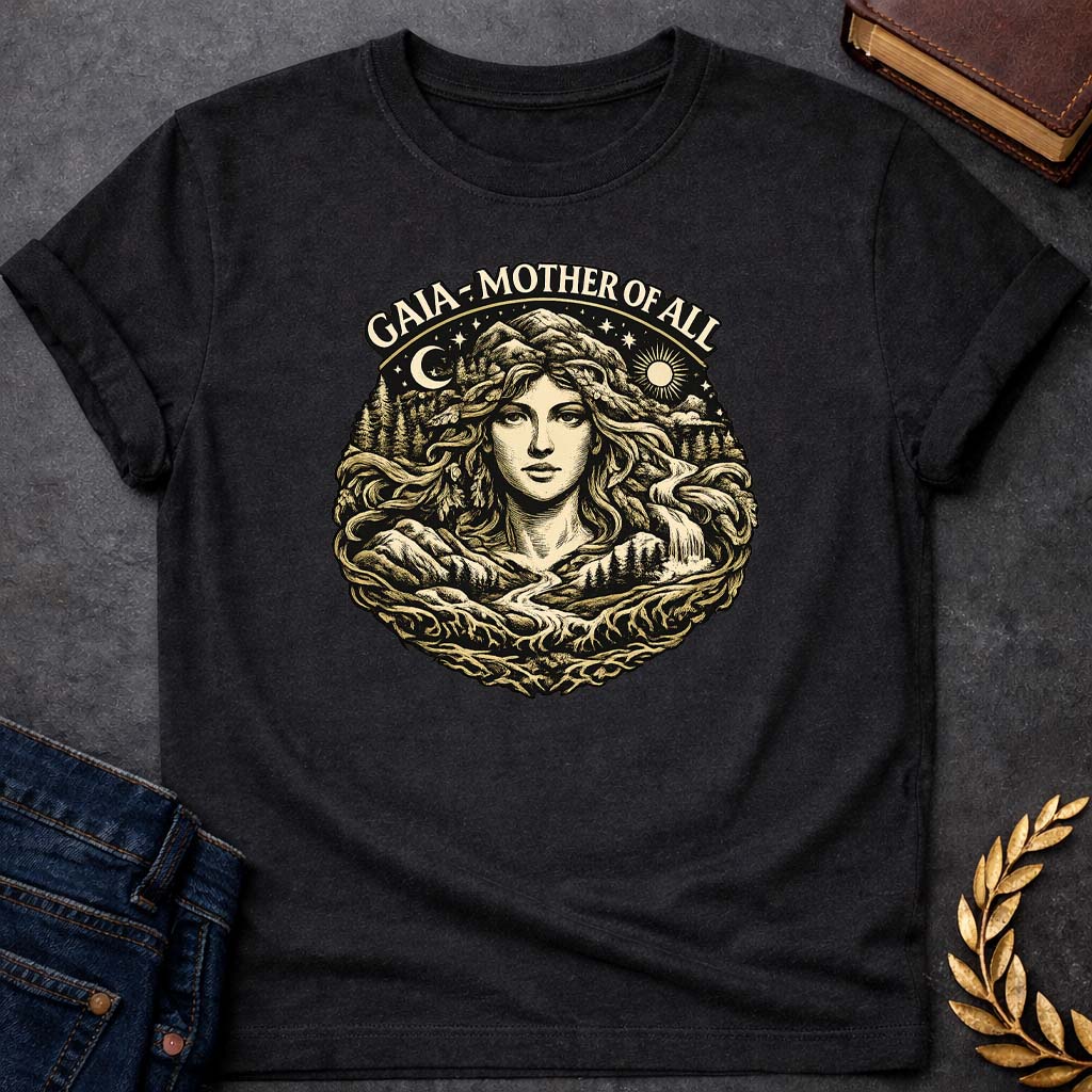 gaia mother of all greek mythology adult shirt featuring detailed Greek mythology artwork, symbolic design, and bold graphic style