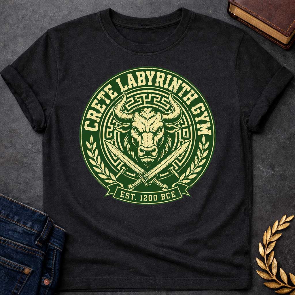 Black T-shirt with a Fitness emblem of the Minotaur from Crete's Labyrinth. Green and cream circular badge displays a detailed bull head with curved horns within Greek key borders. Two crossed swords flank below. Laurel wreaths frame sides. Text reads 'Crete Labyrinth Gym' and 'Est. 1200 BCE.' Distressed texture adds vintage appeal. Merges Greek mythology with modern gym culture, celebrating legendary warrior strength.