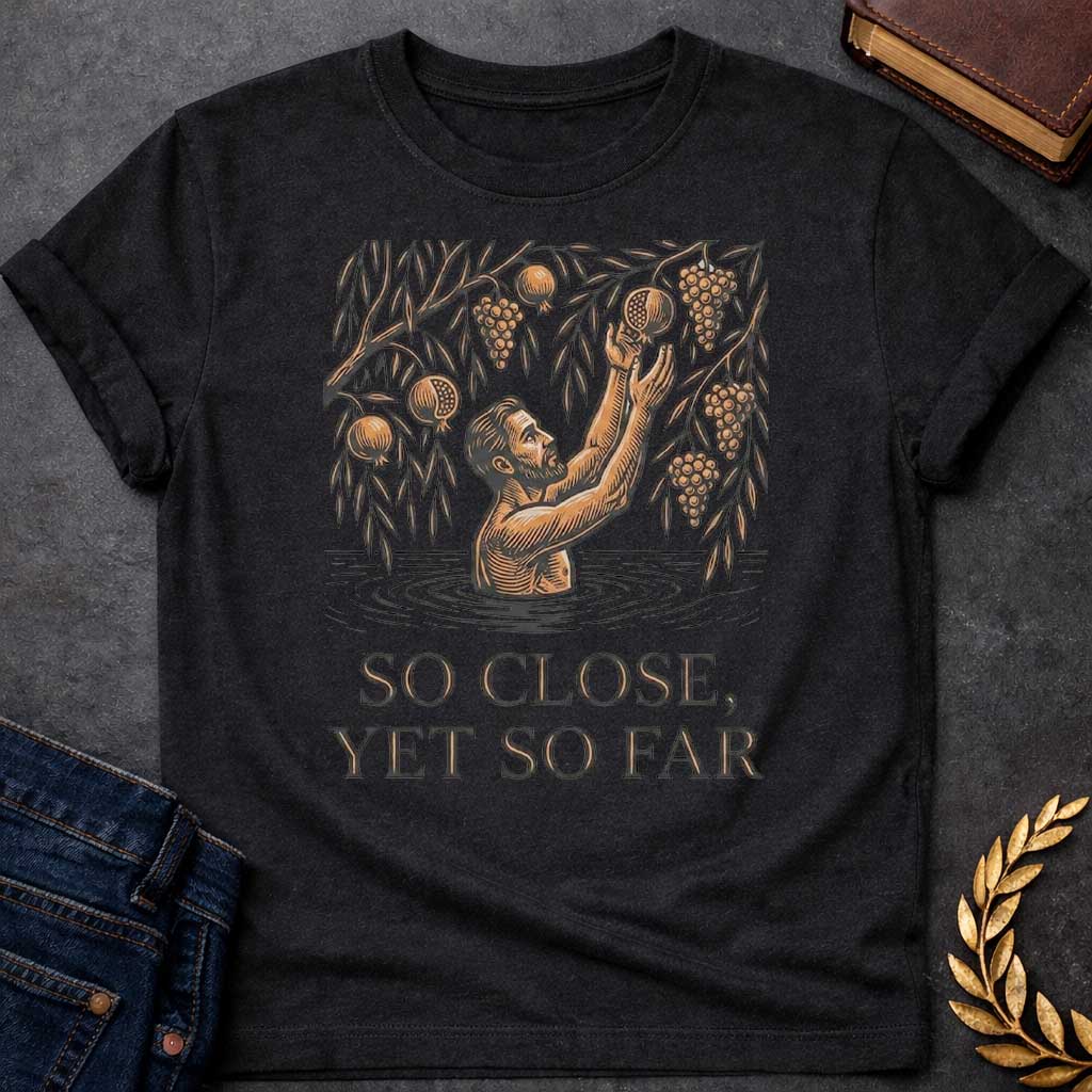 Black t-shirt with A woodcut-style illustration. A bearded man stands waist-deep in rippling water, reaching both arms upward toward hanging fruit branches heavy with grapes and pomegranates just out of his grasp. Centered below the detailed linework illustration, bold, shadowed serif text reads "SO CLOSE, YET SO FAR"