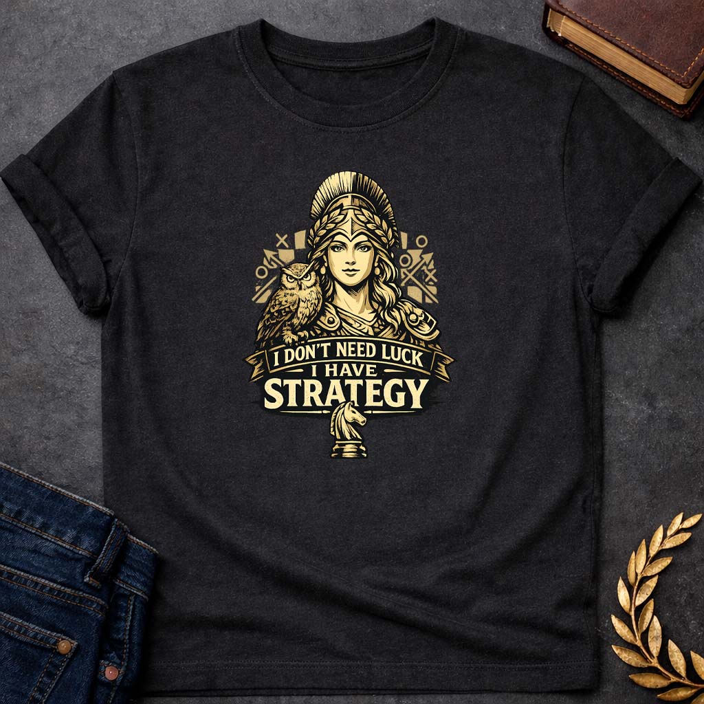 athena i dont need luck i have strategy greek mythology youth t shirt featuring owl, laurel wreath, wisdom symbolism in vintage Greek mythology design