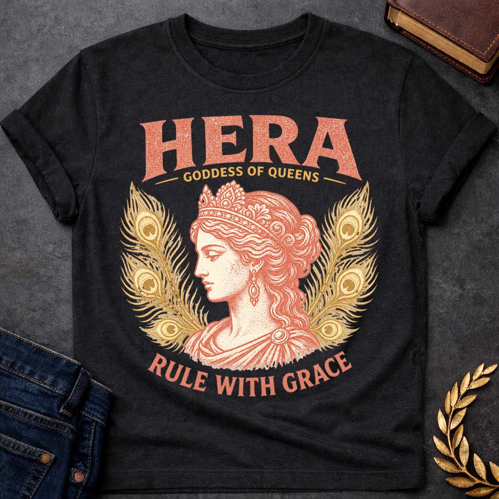 Black t-shirt with a Vintage Hera Greek mythology design featuring the Goddess of Queens in profile wearing an ornate jeweled crown and elegant classical robes. Golden peacock feathers frame her portrait, symbolizing Hera’s sacred bird and royal status. Distressed coral and gold artwork includes the bold text “Hera Goddess of Queens” and “Rule With Grace.”