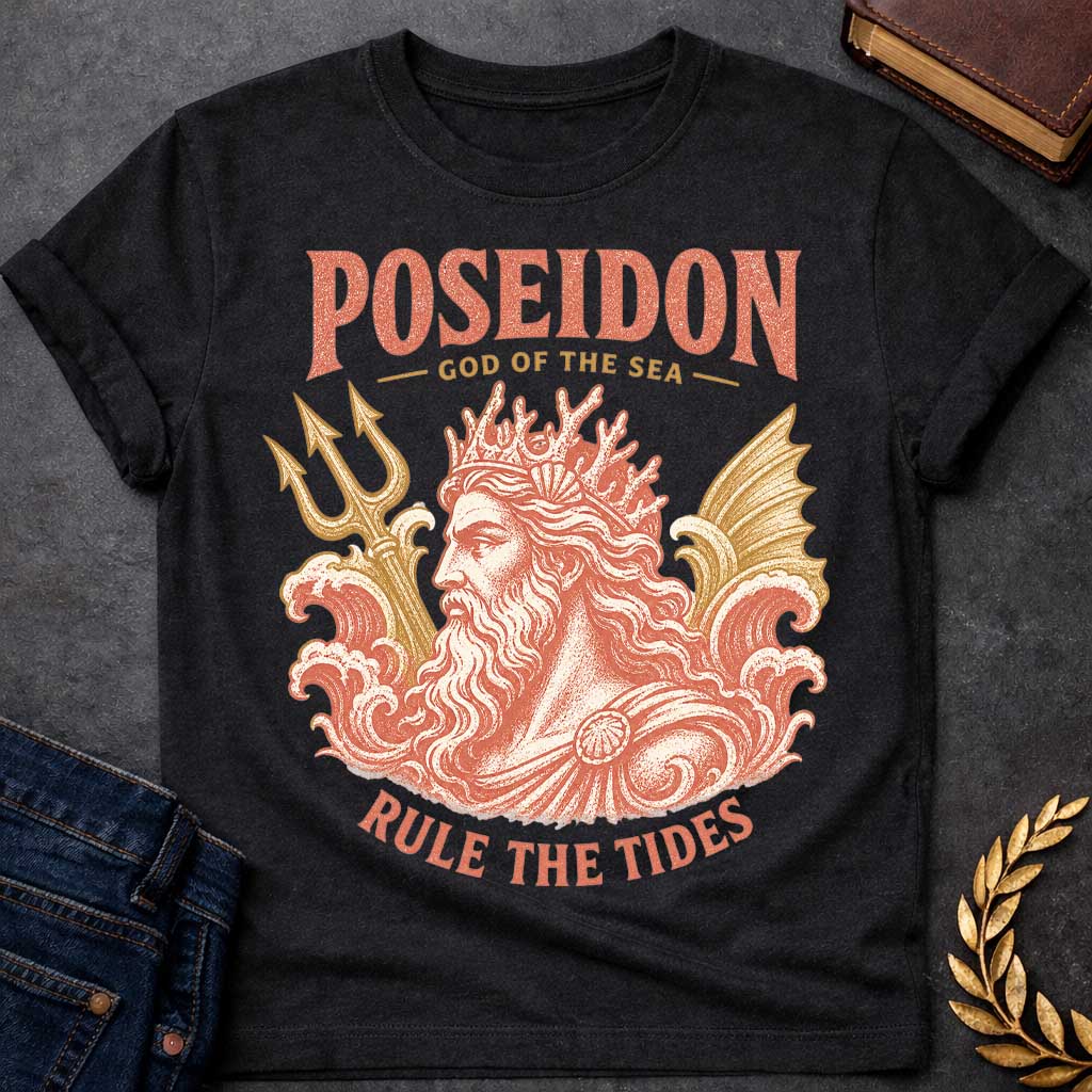 Black t-shirt with a Vintage Poseidon Greek mythology design featuring the powerful god of the sea with a flowing beard, coral crown, trident, and crashing ocean waves. Distressed terracotta and gold artwork includes the bold text “Poseidon,” “God of the Sea,” and “Rule the Tides,” creating a classic ancient Greek inspired nautical design.