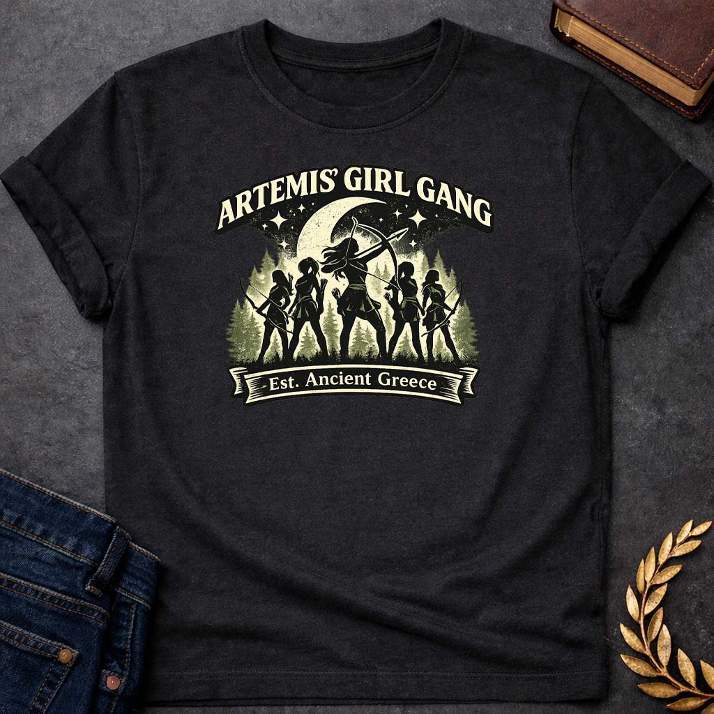 artemis girl gang greek mythology youth t shirt featuring detailed Greek mythology artwork, symbolic design, and bold graphic style