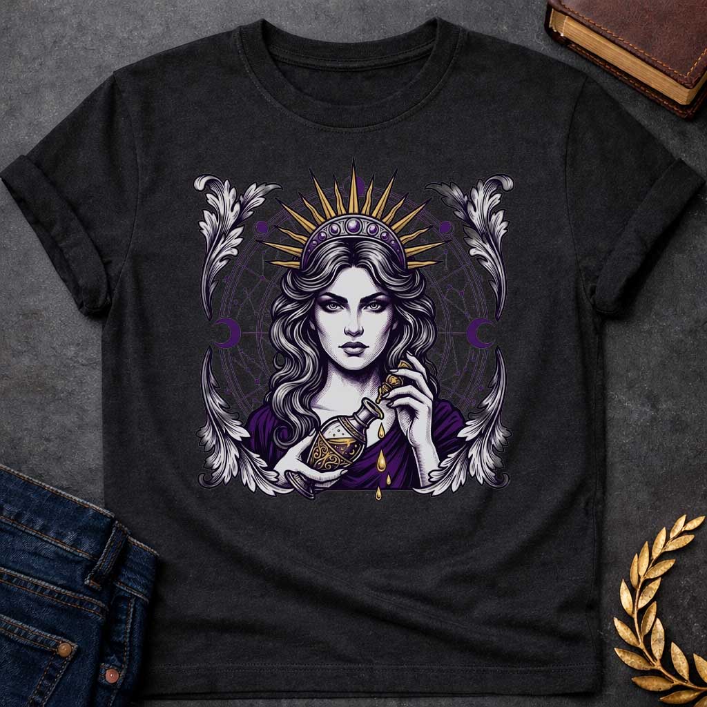 Black T-shirt with a Mystical portrait of Medea rendered in black, purple, and gold holding an ornate potion vessel with glowing liquid dripping downward. Elaborate celestial backdrop features a radiating golden sun crown, purple moon phases, and astrological constellation patterns surrounding her face. Ornate white wing designs frame the composition. Intricate occult aesthetic celebrates the legendary Greek sorceress's magical power, ancient wisdom, and mystical enchantment.