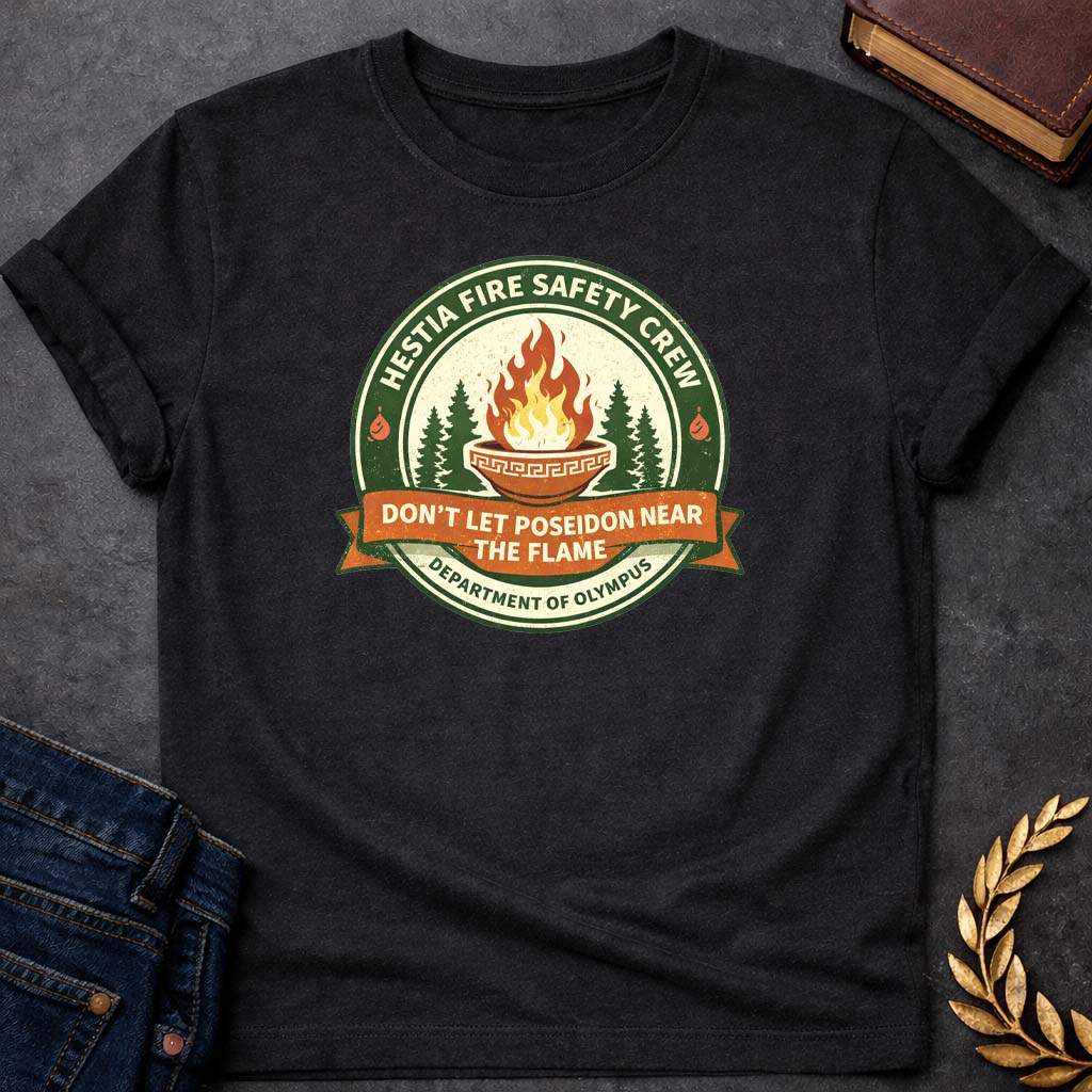 hestia fire safety crew greek mythology youth t shirt featuring detailed Greek mythology artwork, symbolic design, and bold graphic style
