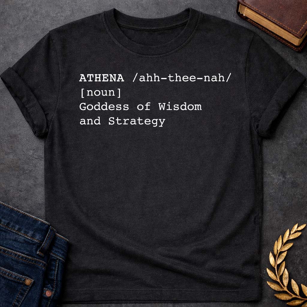 athena dictionary definition greek mythology youth heavy cotton™ tee featuring owl, laurel wreath, wisdom symbolism in vintage Greek mythology design