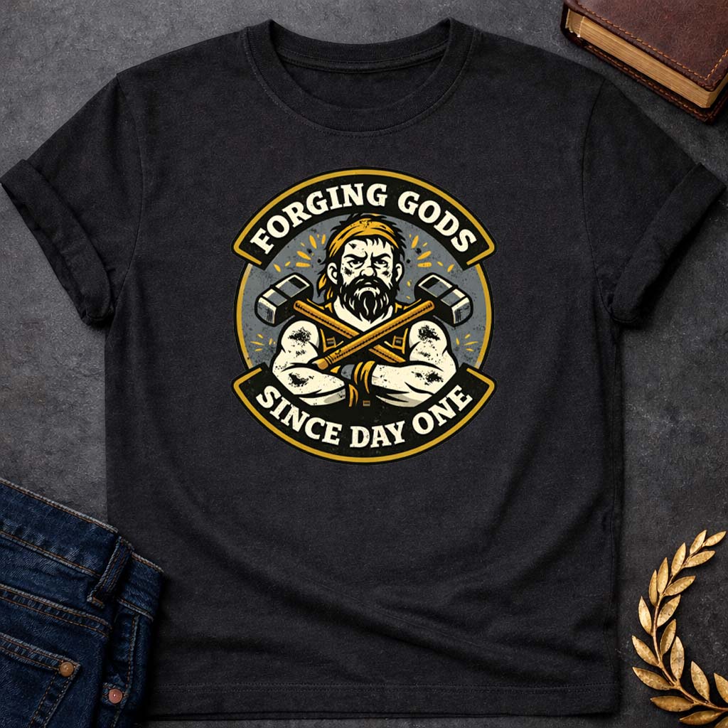 hephaestus forging gods since day one greek mythology adult t shirt featuring blacksmith hammer, forge sparks, fire god symbolism in industrial mythology design