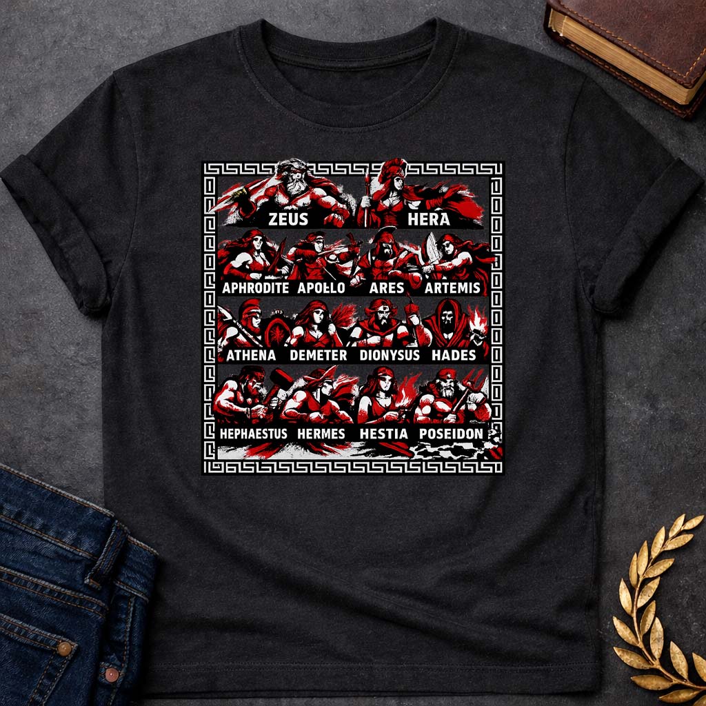 The Olympian Gods Battle Mode Greek Mythology Adult T-Shirt featuring detailed Greek mythology artwork, symbolic design, and bold graphic style