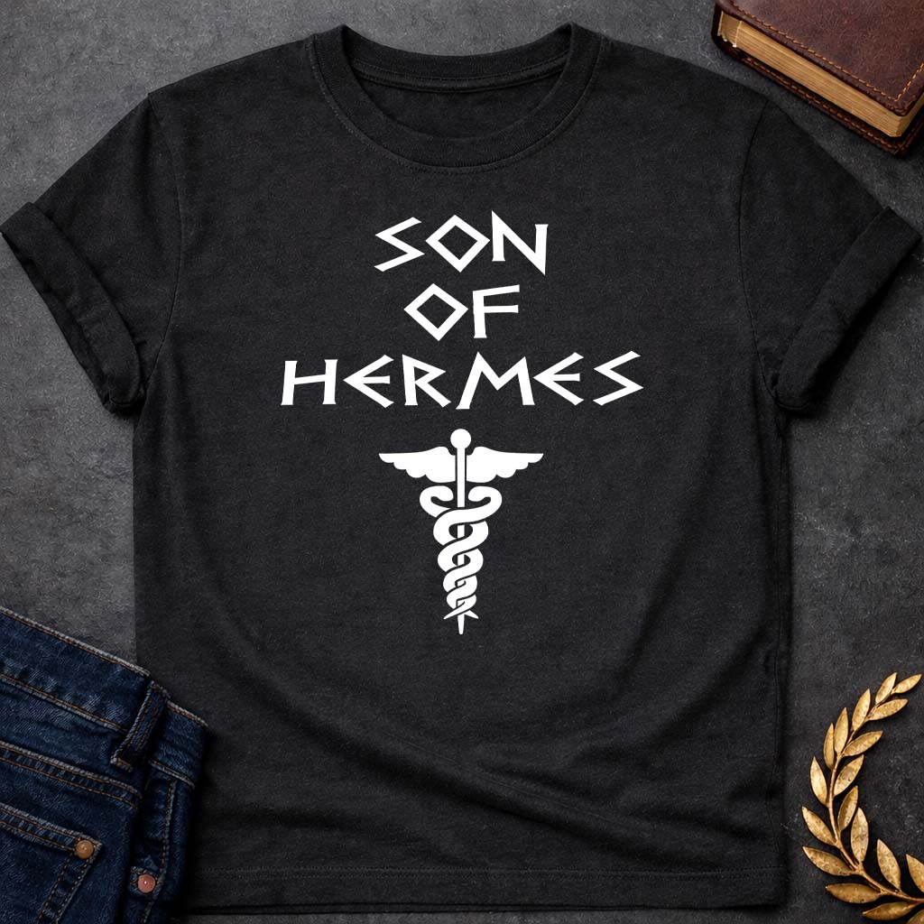son of hermes greek mythology unisex softstyle adult t shirt featuring detailed Greek mythology artwork, symbolic design, and bold graphic style