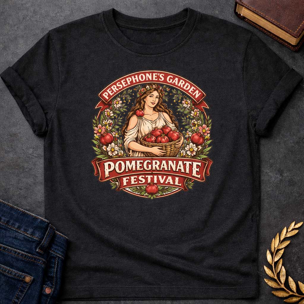 persephone garden greek mythology youth shirt featuring pomegranate, underworld queen symbolism in dark floral mythology design