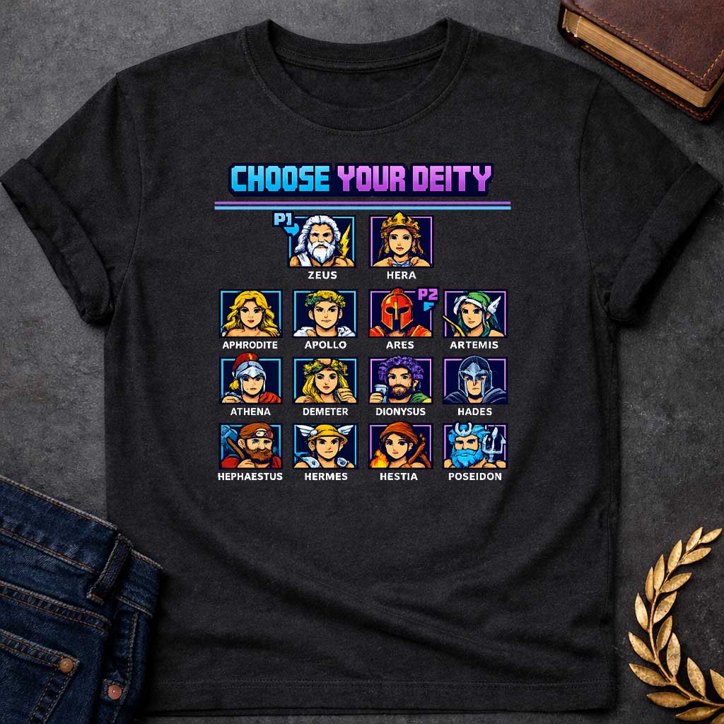 the olympians choose your deity greek mythology youth t shirt featuring detailed Greek mythology artwork, symbolic design, and bold graphic style