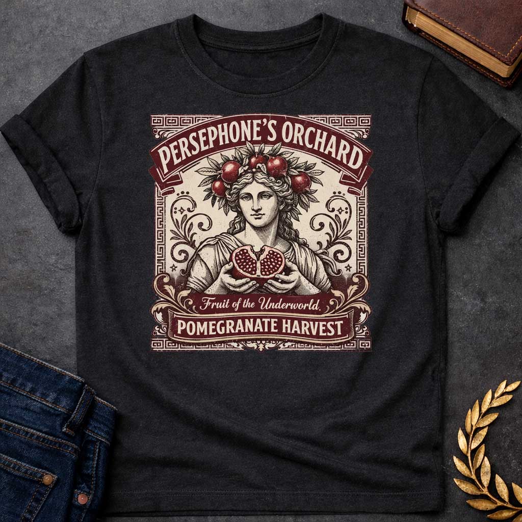 persephone orchard pomegranate harvest greek mythology adult shirt featuring pomegranate, underworld queen symbolism in dark floral mythology design