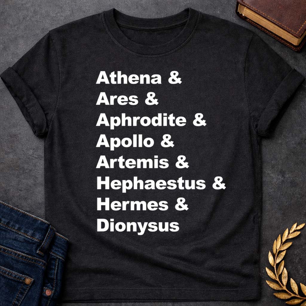 Greek Mythology The God Kids Names Adult T-Shirt featuring detailed Greek mythology artwork, symbolic design, and bold graphic style