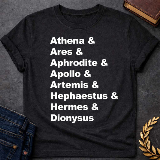 Greek Mythology The God Kids Names Adult T-Shirt featuring detailed Greek mythology artwork, symbolic design, and bold graphic style