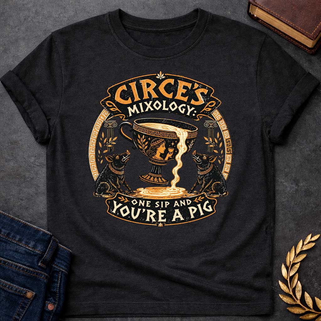 Black T-shirt with a vintage-style Greek mythology t-shirt design Centered is a large black and gold ancient Greek kylix cup spilling a potion, flanked by two black pigs. At the top, stylized text reads "CIRCE'S MIXOLOGY" in an ornate banner. Below, the warning "ONE SIP AND YOU'RE A PIG" curves along the bottom. The entire circular graphic features a distressed texture with traditional Greek key patterns