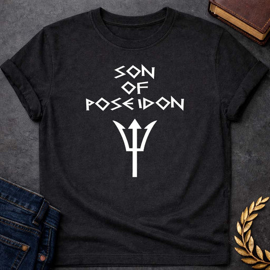 son of poseidon greek mythology unisex softstyle adult t shirt featuring trident, ocean waves, sea god symbolism in Greek mythology design