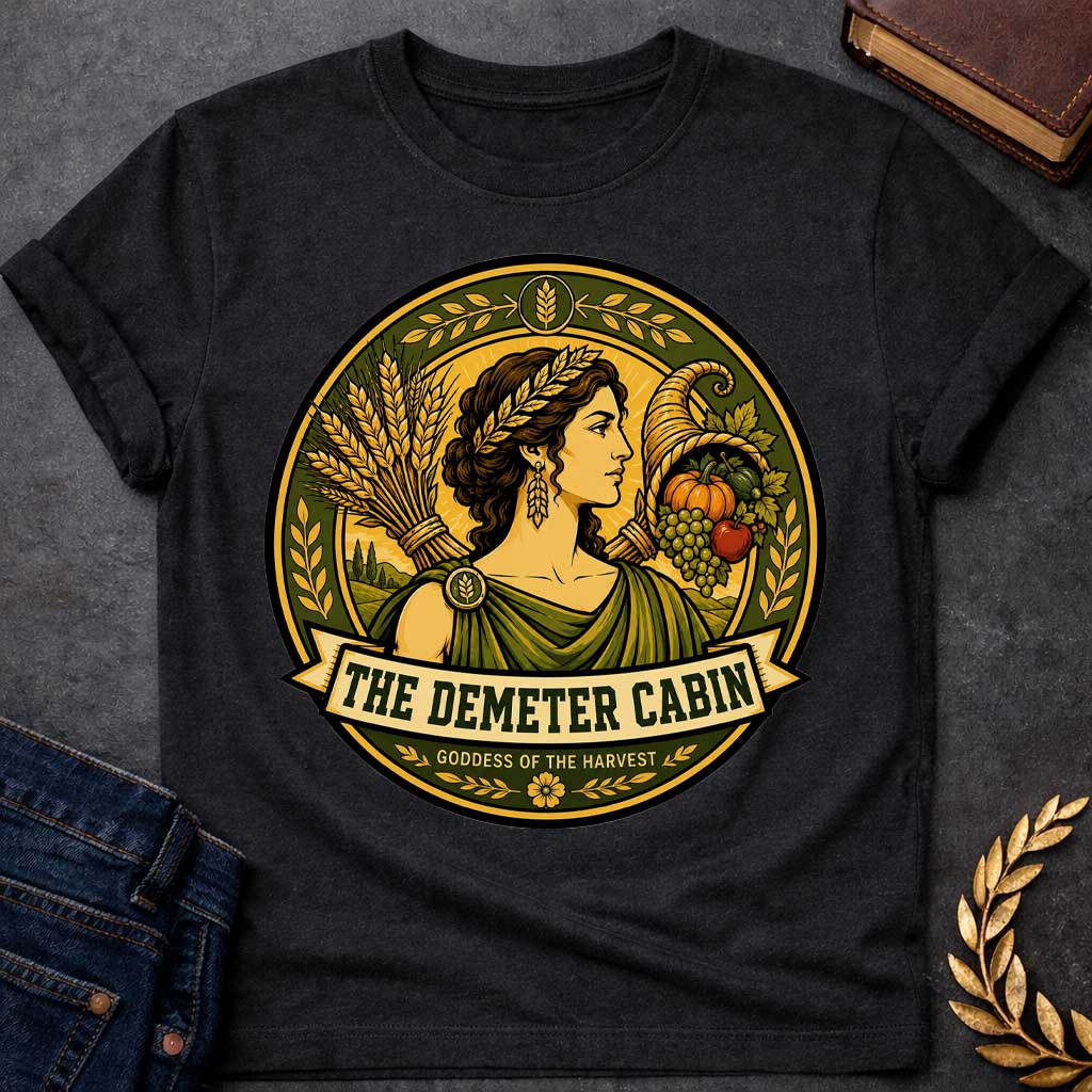 Black t-shirt with a Demeter Greek mythology cabin design featuring the goddess of the harvest wearing a golden wheat crown, surrounded by bundles of wheat, a cornucopia filled with grapes, pumpkin, apple, and other crops. Olive green and gold circular camp-style emblem includes the text “The Demeter Cabin” and “Goddess of the Harvest.”