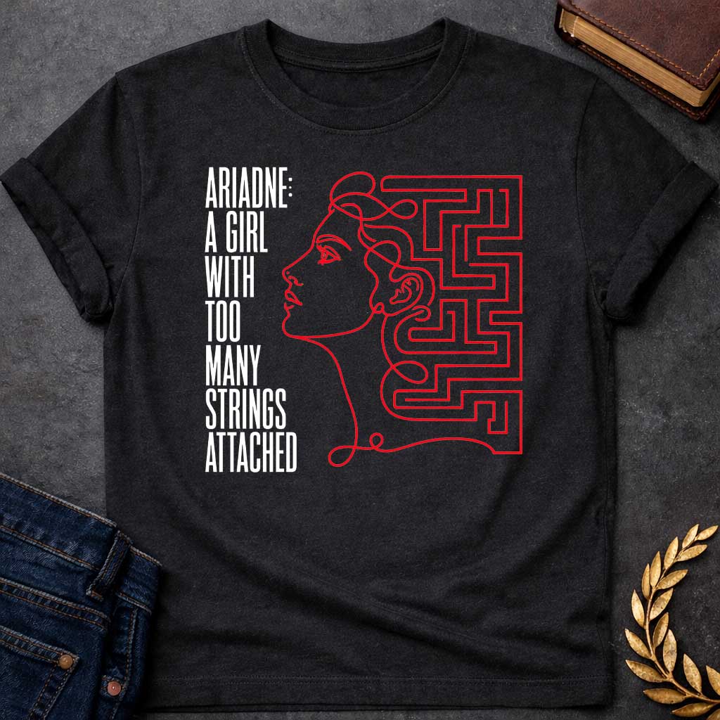 Black T-shirt with A minimalist, modern line art t-shirt design for "ariadne a girl with black.jpg". Drawn in a single, continuous red line, the profile of a woman’s face seamlessly transitions into a geometric labyrinth maze behind her head. To the left, stark, vertically elongated black block text stacked vertically reads: "ARIADNE: A GIRL WITH TOO MANY STRINGS ATTACHED," creating a clever Greek mythology pun.