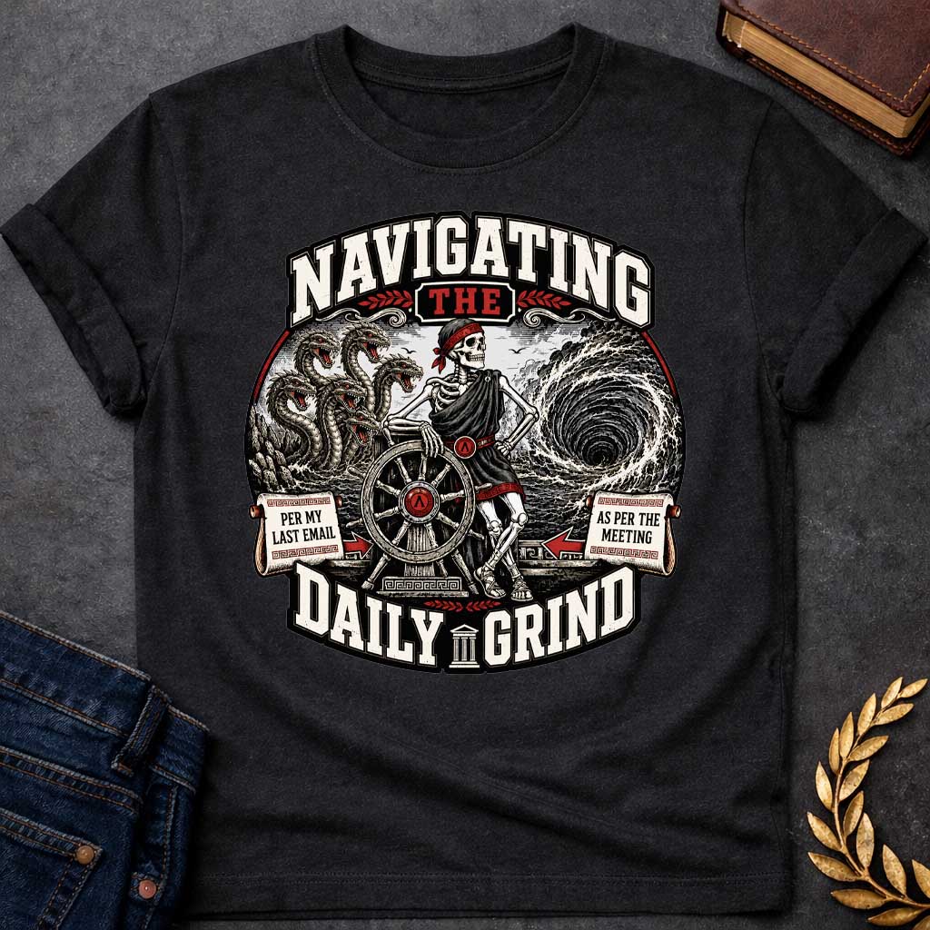 Black t-shirt with A skeleton in a toga casually leans on a ship's wheel between a multi-headed sea monster and a churning whirlpool. Bold text reads "NAVIGATING THE DAILY GRIND," with side scrolls humorously labeled "PER MY LAST EMAIL" and "AS PER THE MEETING."
