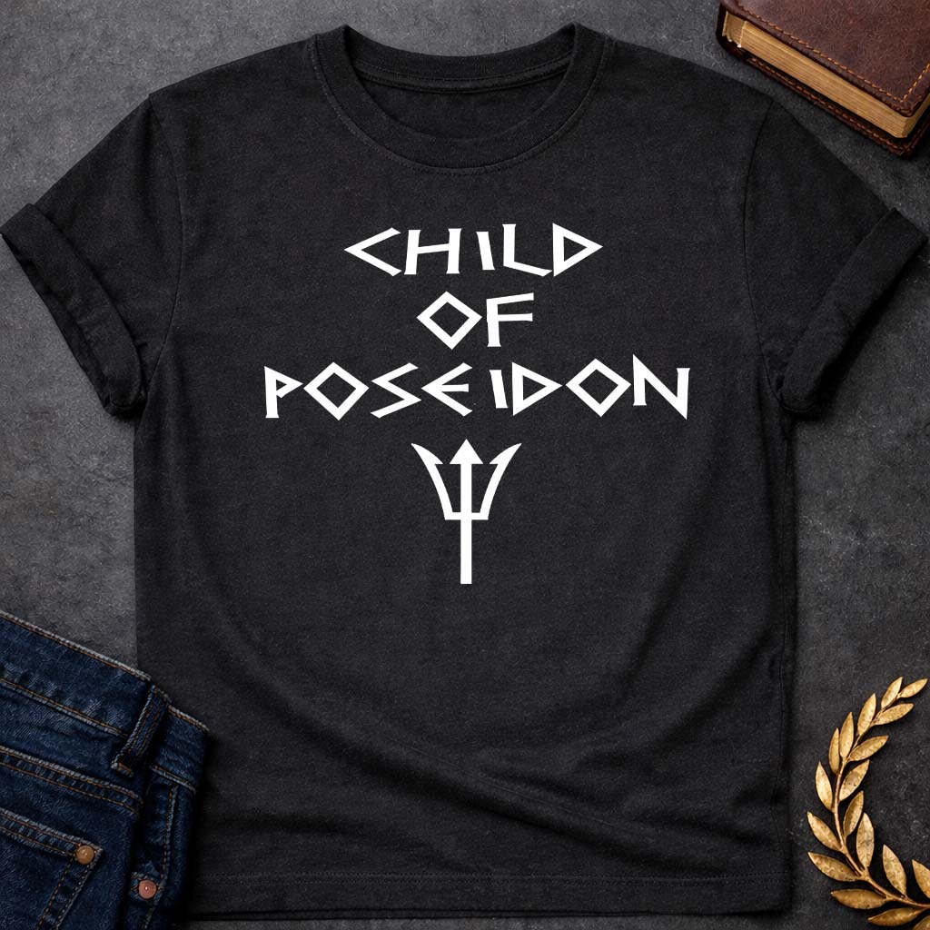 child of poseidon greek mythology unisex softstyle adult t shirt featuring trident, ocean waves, sea god symbolism in Greek mythology design