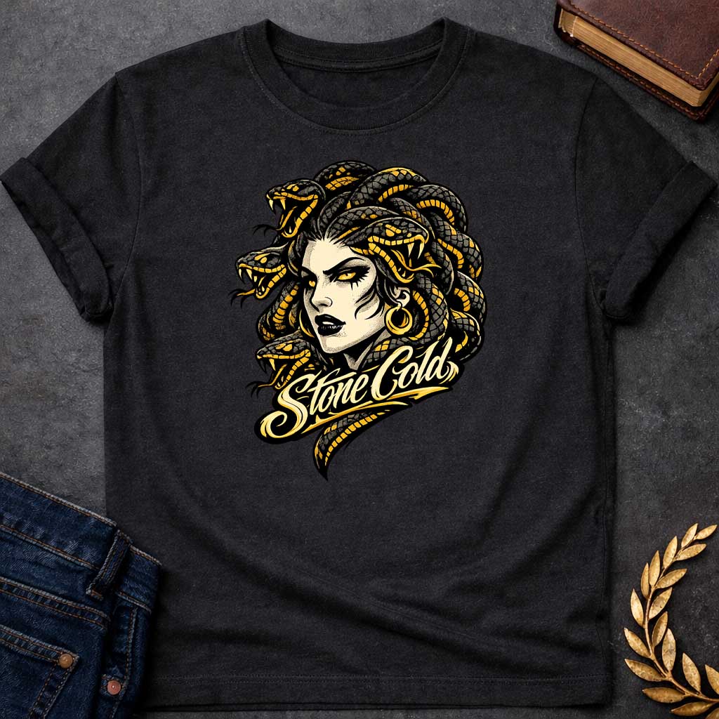 medusa stone cold greek mythology youth shirt featuring detailed Greek mythology artwork, symbolic design, and bold graphic style