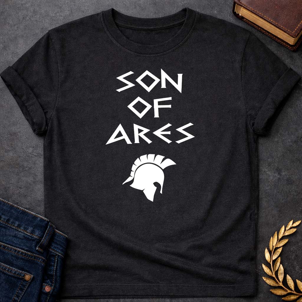 son of ares greek mythology unisex softstyle adult t shirt featuring warrior armor, battle symbolism, god of war Greek mythology design