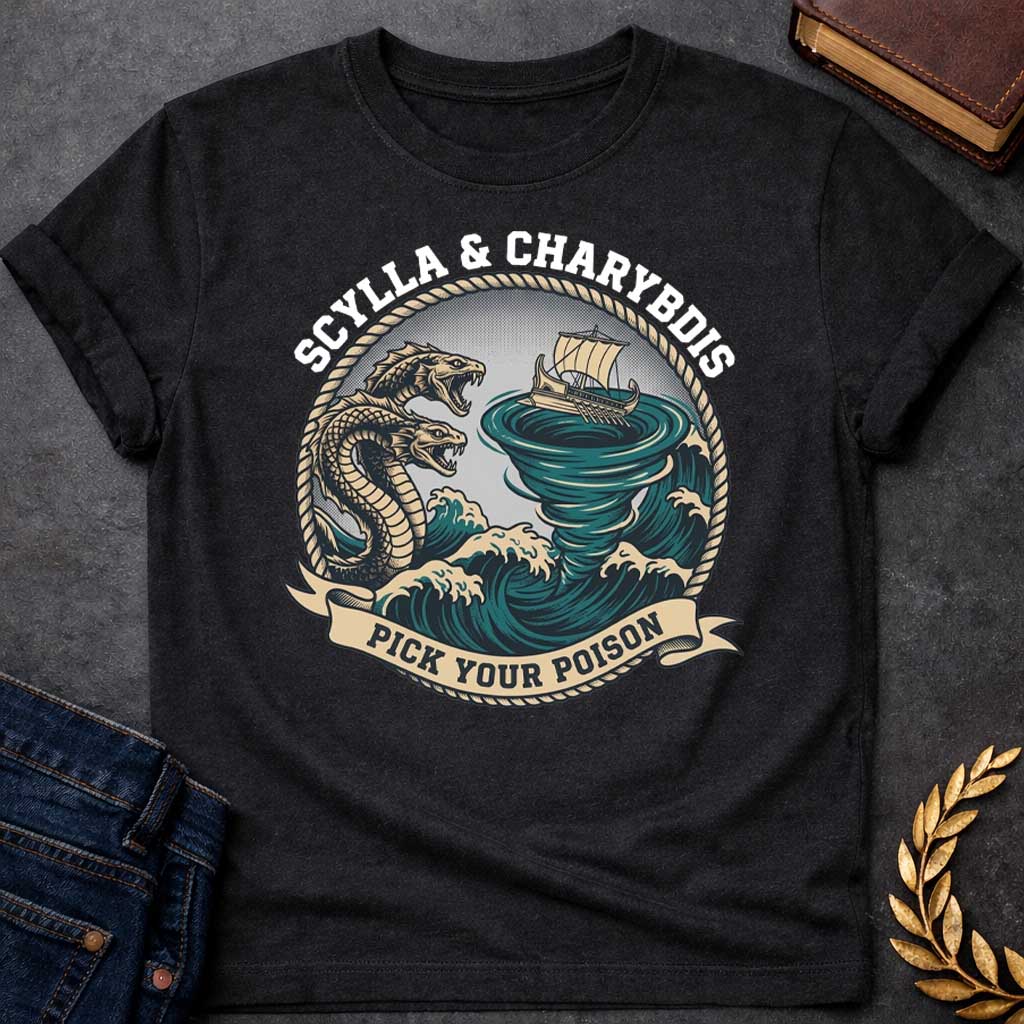 Black t-shirt with A nautical, vintage-style graphic depicting Greek mythology. Encased in a circular rope frame, a wooden ship is caught on stormy teal waves between a multi-headed sea monster and a massive swirling whirlpool. Bold text arched along the top reads "SCYLLA & CHARYBDIS", while a beige scroll banner at the bottom displays the phrase "PICK YOUR POISON" in a dark block font.