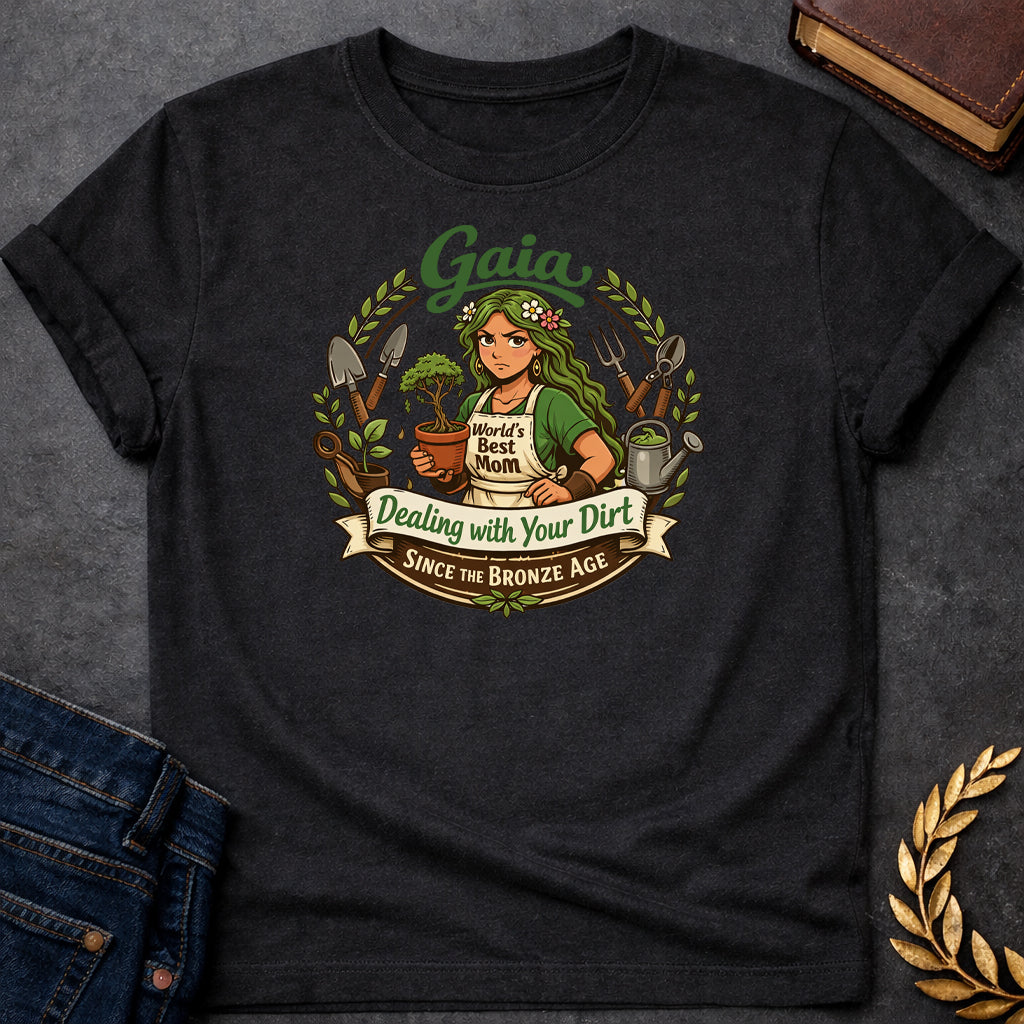 Gaia Dealing With Your Dirt Greek Mythology Adult Shirt featuring detailed Greek mythology artwork, symbolic design, and bold graphic style