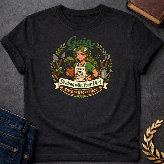 Gaia Dealing With Your Dirt Greek Mythology Adult Shirt featuring detailed Greek mythology artwork, symbolic design, and bold graphic style