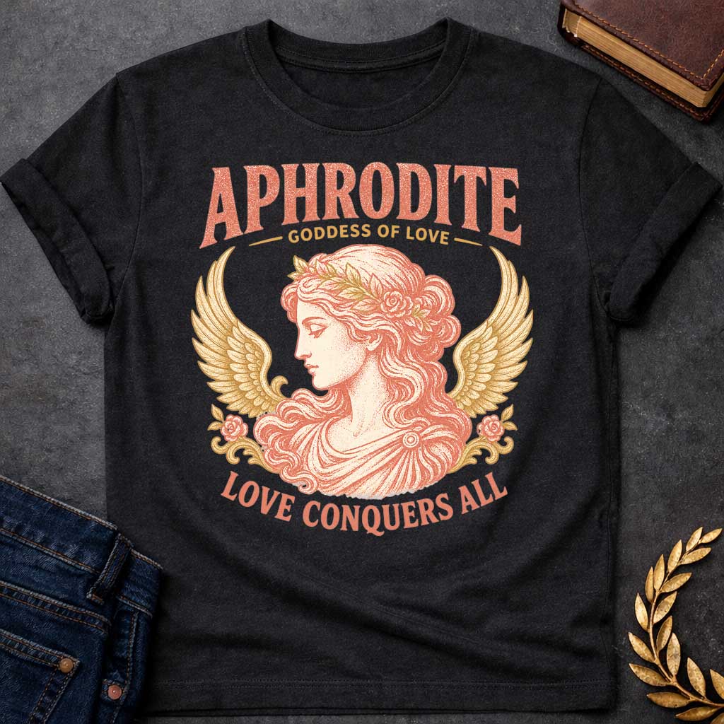 Black t-shirt with a Vintage Greek mythology design featuring Aphrodite, goddess of love, in an elegant classical portrait framed by golden wings, roses, and floral details. Warm coral and gold engraving-style artwork is paired with bold text reading "Aphrodite – Goddess of Love" and "Love Conquers All."