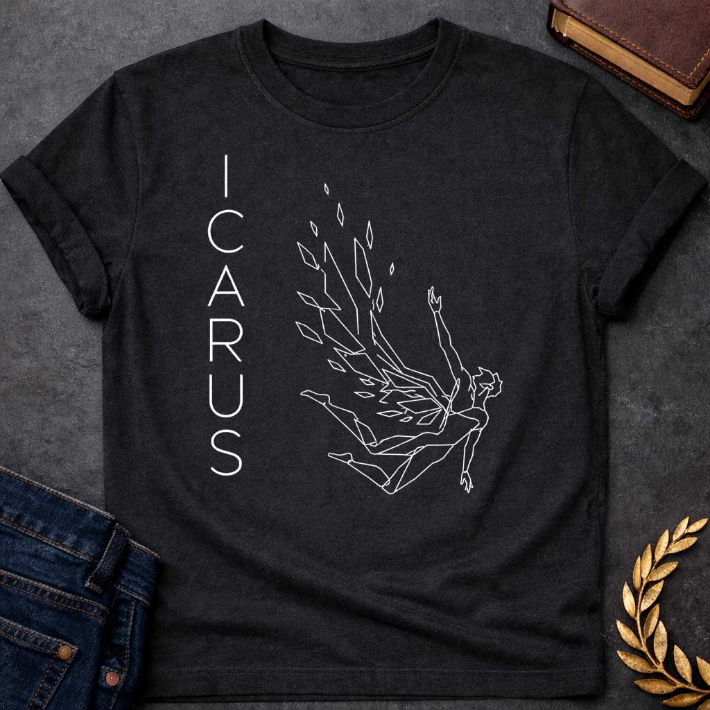 Black t-shirt in minimalist geometric line-art style: a falling figure with fragmented, angular wings shedding scattered diamond-shaped feathers as he tumbles, one arm reaching upward. Thin white outline drawing  with "Icarus" spelled vertically in narrow letter spaced type on the left.